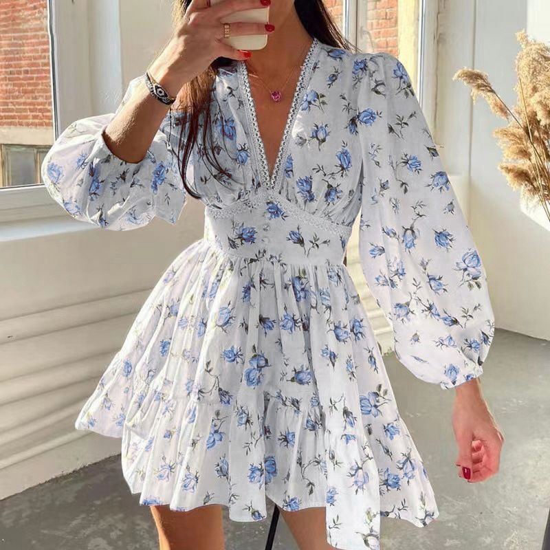 2024 summer women's new foreign trade temperament sweet printing v-neck lace short dresses size S -3xl