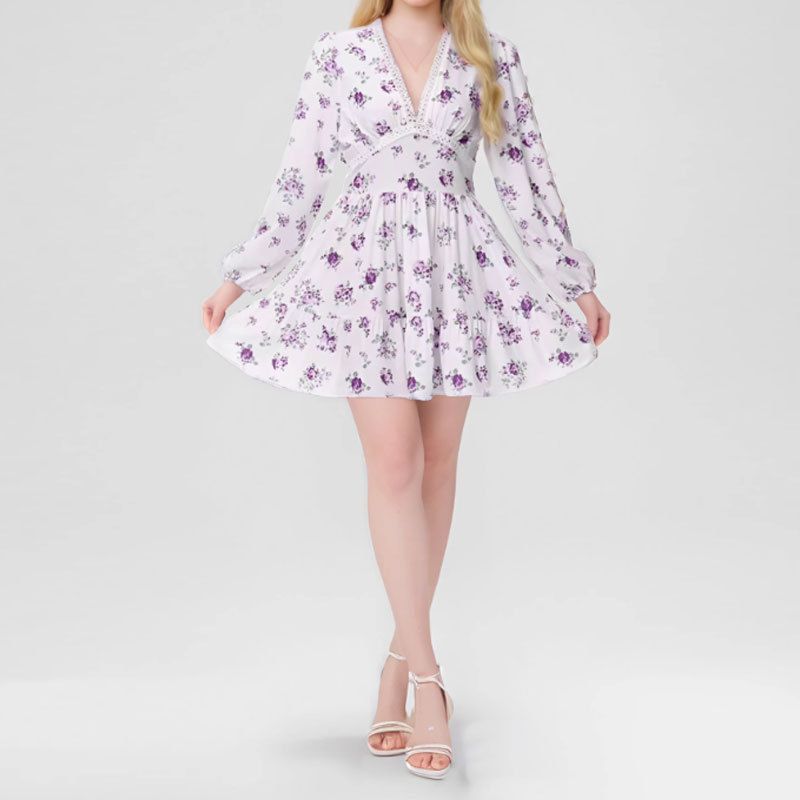 2024 summer women's new foreign trade temperament sweet printing v-neck lace short dresses size S -3xl