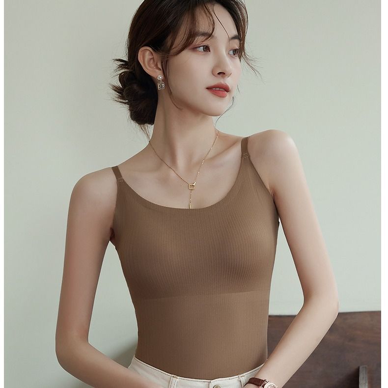 1pcs Fixed Cup Ice Silk Camisole Tank Top Gathering Anti-Sagging Outer Wear Inner No Trace Back Beauty Female