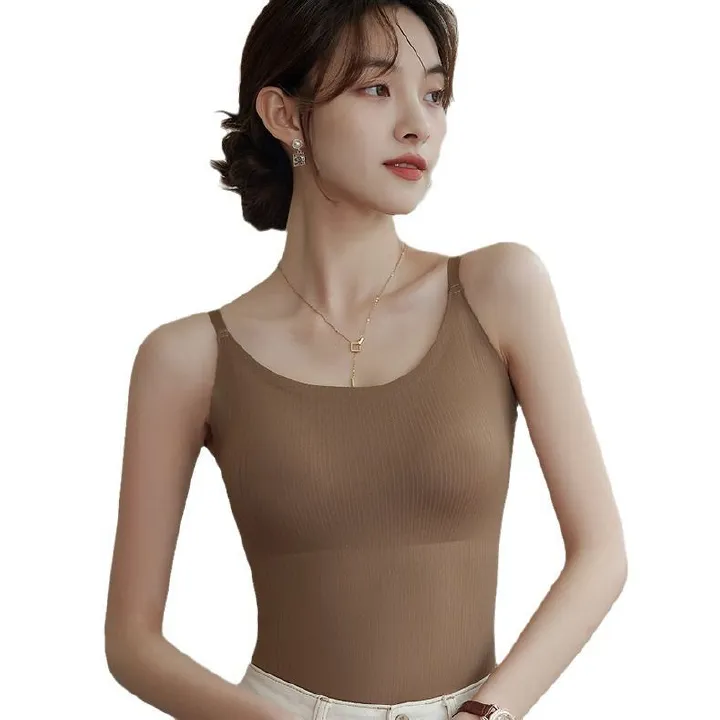1pcs Fixed Cup Ice Silk Camisole Tank Top Gathering Anti-Sagging Outer Wear Inner No Trace Back Beauty Female