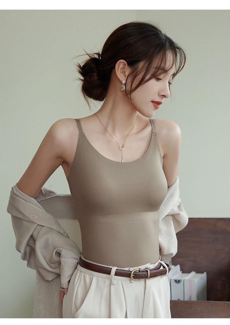 1pcs Fixed Cup Ice Silk Camisole Tank Top Gathering Anti-Sagging Outer Wear Inner No Trace Back Beauty Female