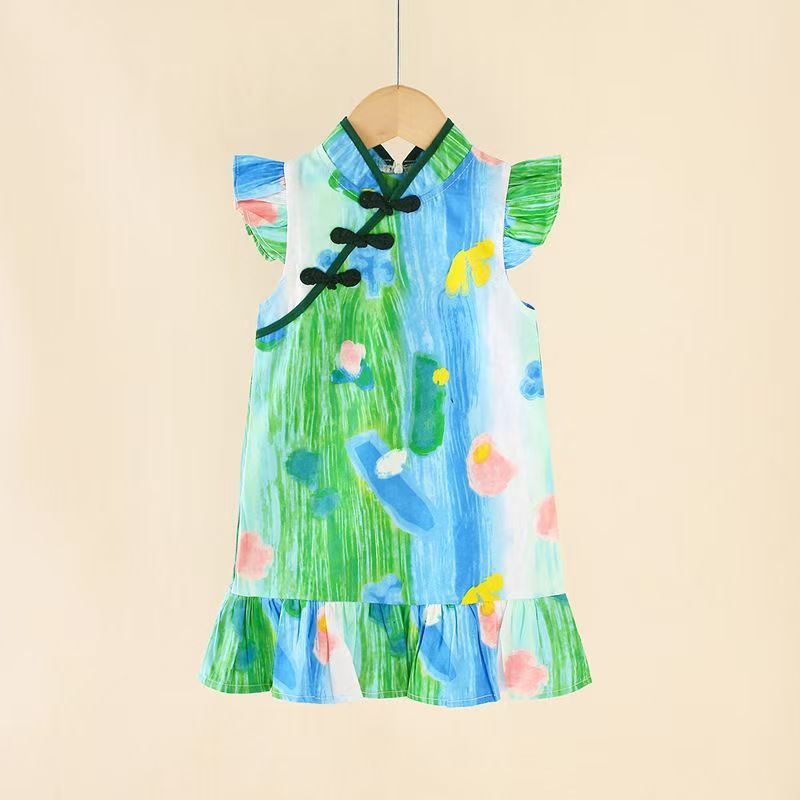 2pcs New cheongsam hanbok burst cotton girls Chinese dress princess tunic small children skirt children summe height for 80-130cm