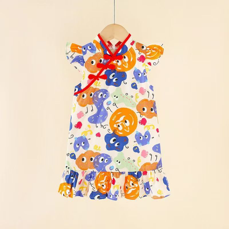 2pcs New cheongsam hanbok burst cotton girls Chinese dress princess tunic small children skirt children summe height for 80-130cm
