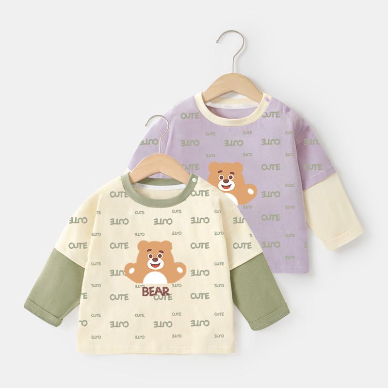 1pcs Cotton spelling sleeve baby clothes fake two pieces long-sleeved T-shirt spring and fall boys and girls baby bottoming shirt children's tops