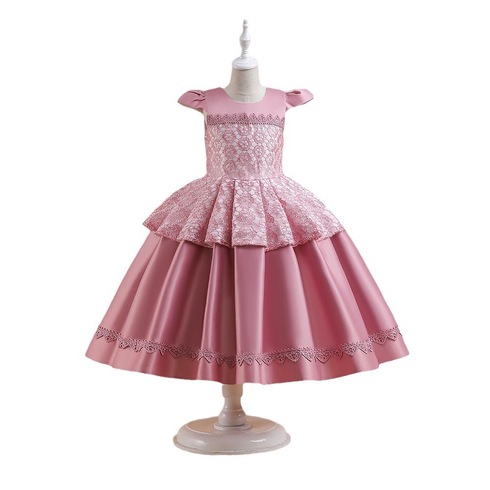 Children's satin fabric middle and large children's celebration dress girl's cute half-sleeve baby dress children's dresses 3years-9years