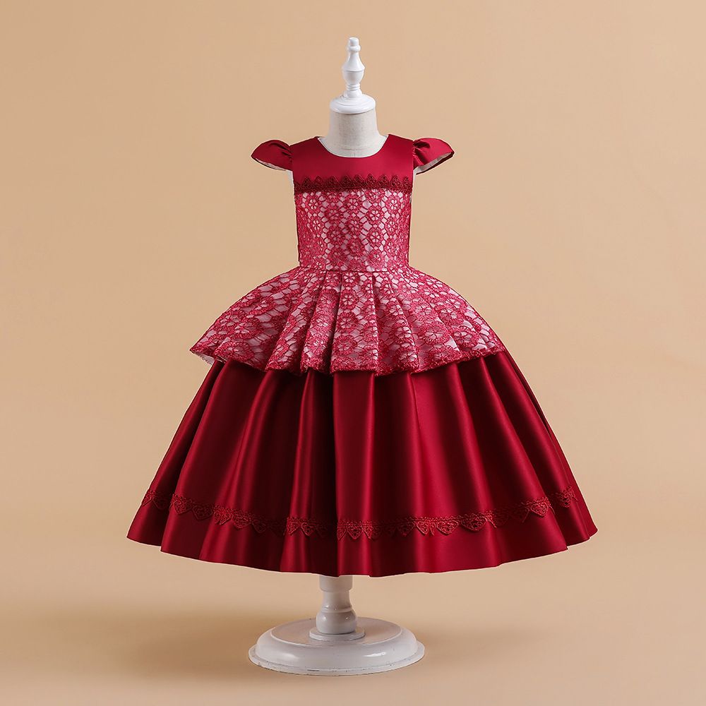 Children's satin fabric middle and large children's celebration dress girl's cute half-sleeve baby dress children's dresses 3years-9years