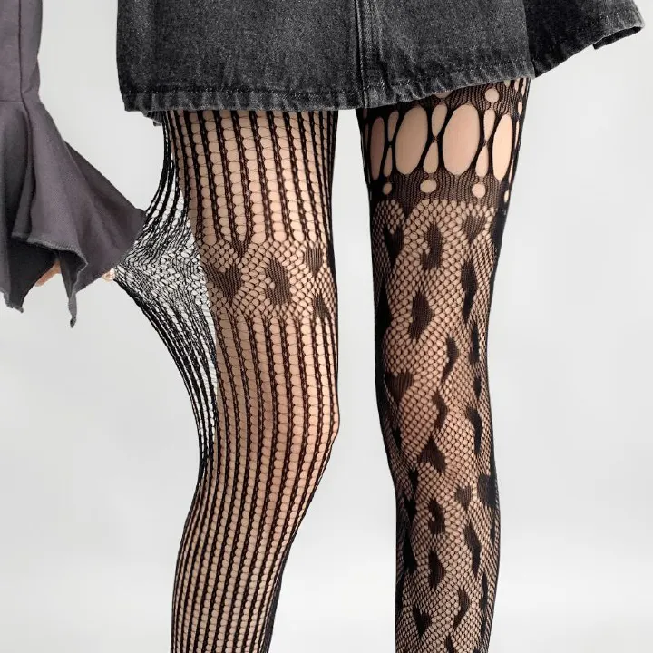 3pcs Sexy hottie pantyhose spring summer thin heart hollow fishnet socks female black stockings asymmetrical mesh socks