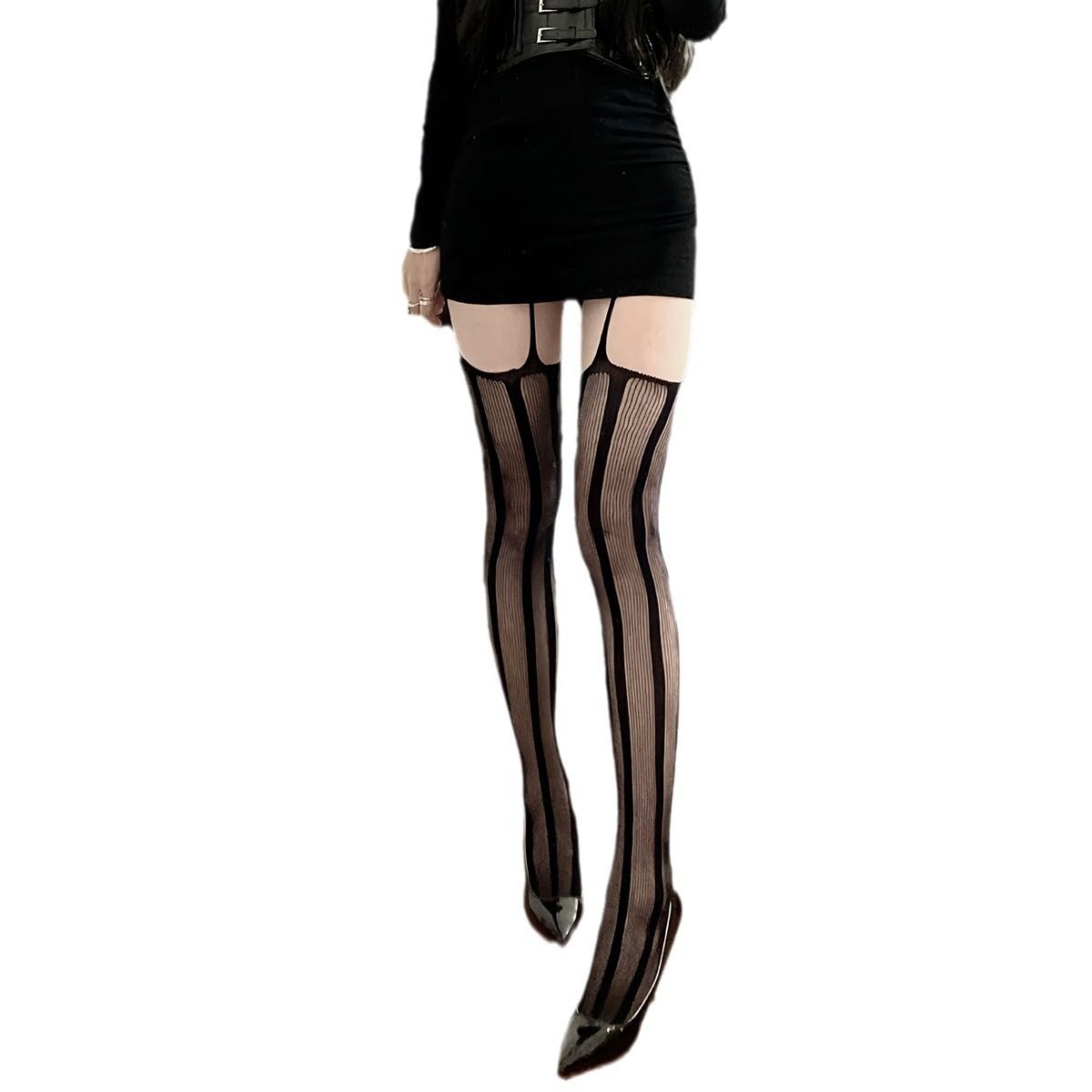 3pcs Sexy Spice thigh-high halter stockings Pure desire thin black silk pantyhose fishnet stockings Slimming leg stockings length 77cm