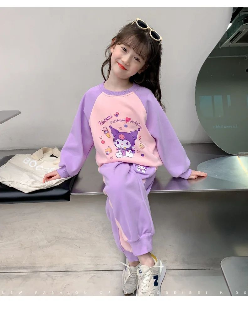 Kids Kuromi Cartoon Cute Print Spring Autumn Cotton 2Pcs Suit Hoodie+Jogging Pants Tracksuits Girls Casual Clothes Set