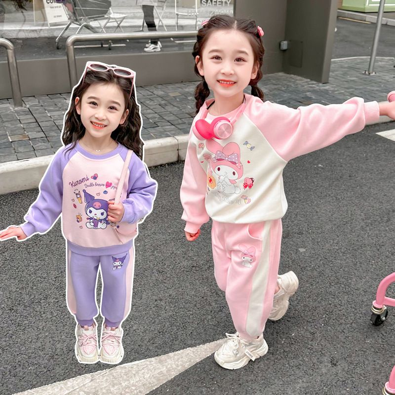 Kids Kuromi Cartoon Cute Print Spring Autumn Cotton 2Pcs Suit Hoodie+Jogging Pants Tracksuits Girls Casual Clothes Set