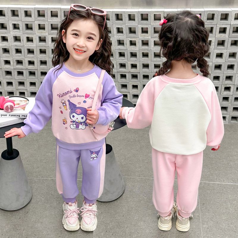 Kids Kuromi Cartoon Cute Print Spring Autumn Cotton 2Pcs Suit Hoodie+Jogging Pants Tracksuits Girls Casual Clothes Set