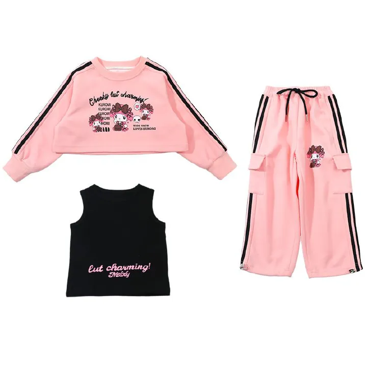 Sanrio Kuromi Cartoon Print Children's Clothing Sets Girls Sweashirt +Sweatpant + Vest 3 Pcs Suit Autumn Kids Tracksuit