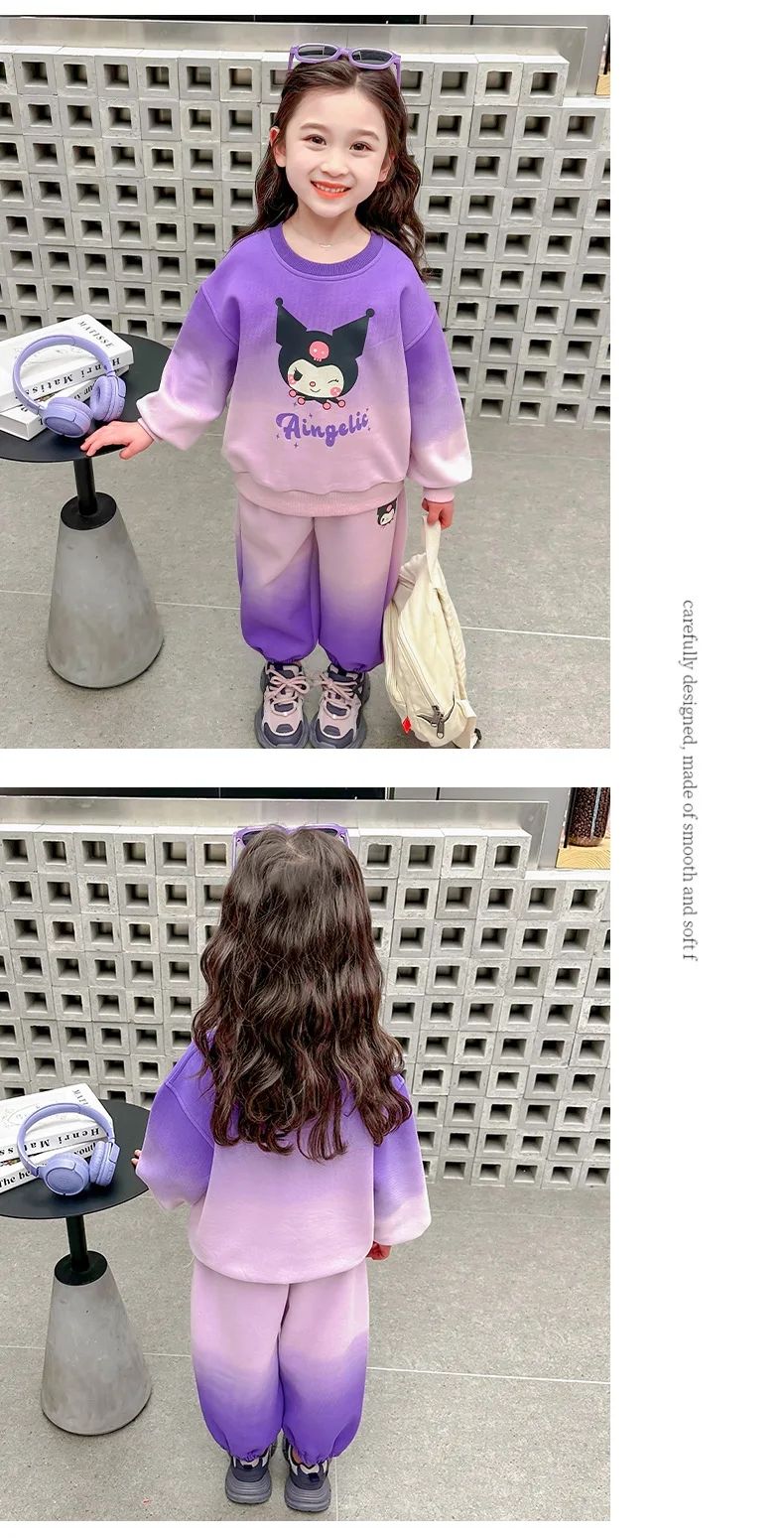 Sanrio Cartoon Print Hoodies Sets for Girls Spring Autumn Long Sleeved Top and Long Pant Two Piece Kuromi Children's Tracksuits