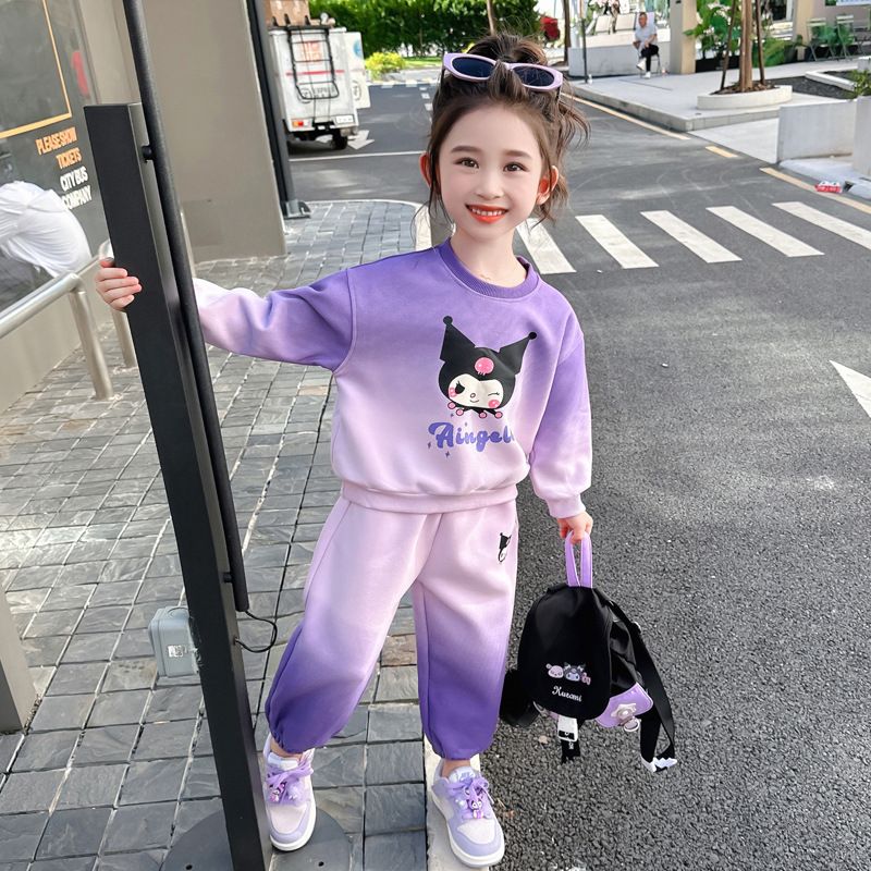 Sanrio Cartoon Print Hoodies Sets for Girls Spring Autumn Long Sleeved Top and Long Pant Two Piece Kuromi Children's Tracksuits