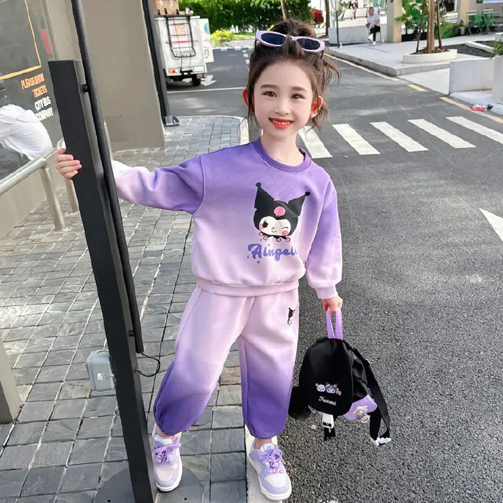 Sanrio Cartoon Print Hoodies Sets for Girls Spring Autumn Long Sleeved Top and Long Pant Two Piece Kuromi Children's Tracksuits