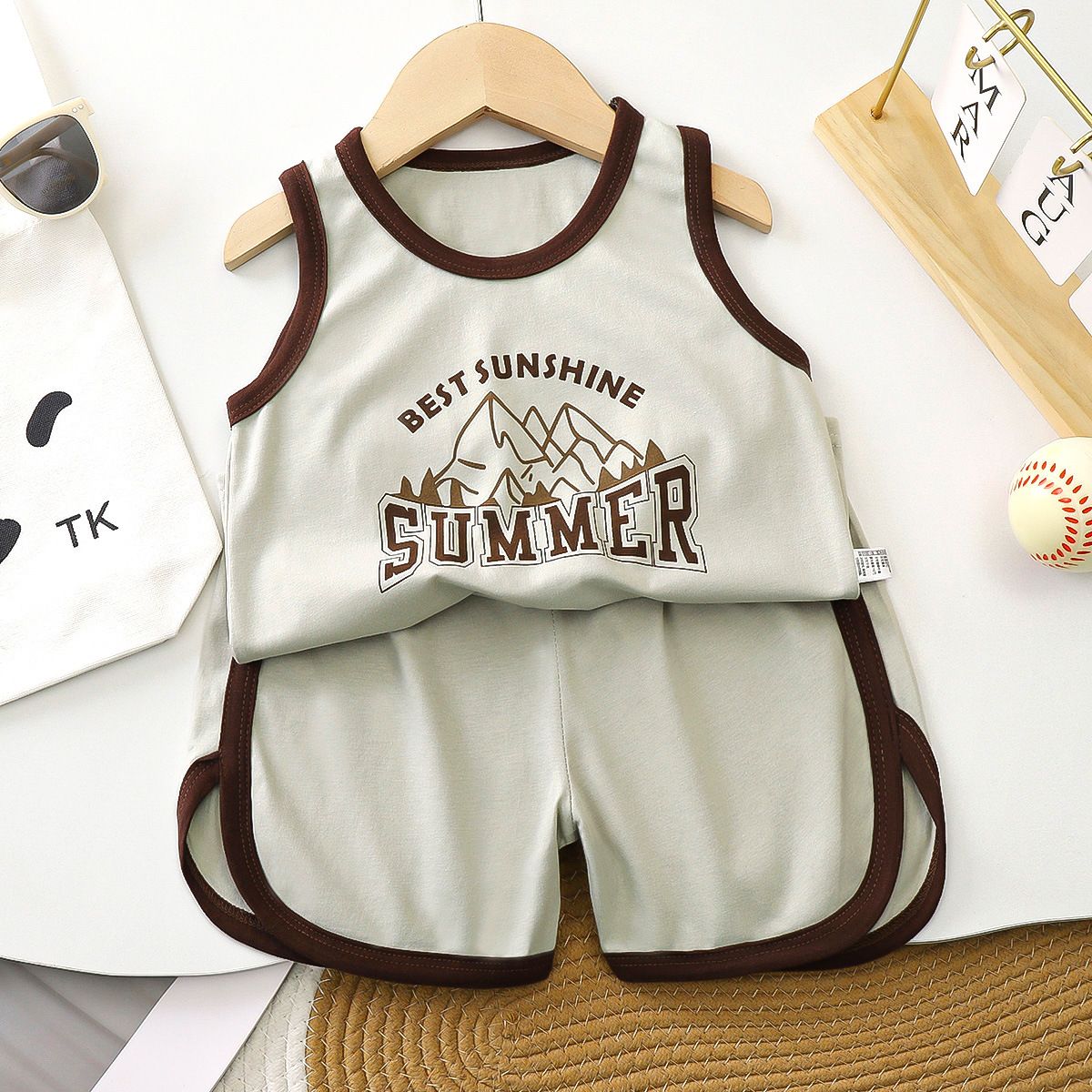 1set Boys' Pure Cotton Class A Sleeveless Vest Set, New Style for Summer! Korean Version, Baby's Breathable Summer Children's Clothing