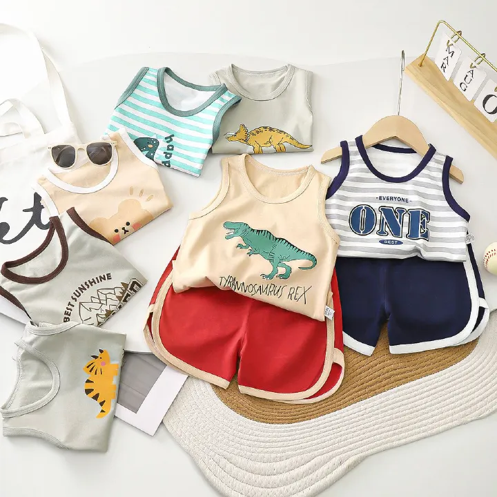 1set Boys' Pure Cotton Class A Sleeveless Vest Set, New Style for Summer! Korean Version, Baby's Breathable Summer Children's Clothing