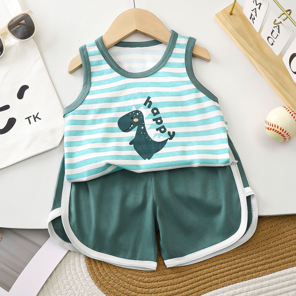 1set Boys' Pure Cotton Class A Sleeveless Vest Set, New Style for Summer! Korean Version, Baby's Breathable Summer Children's Clothing