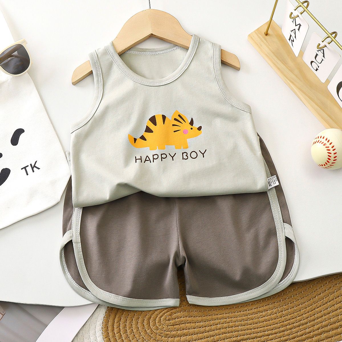 1set Boys' Pure Cotton Class A Sleeveless Vest Set, New Style for Summer! Korean Version, Baby's Breathable Summer Children's Clothing