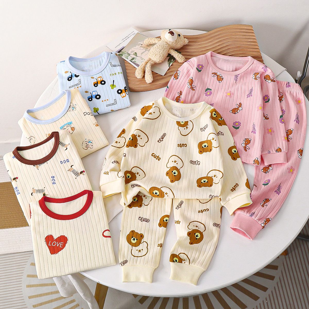 1set Children's Pure Cotton Underwear Set, New Style for Spring! Baby's Homewear for Boys and Pajamas for Girls, Long Underwear for Children's Clothing.