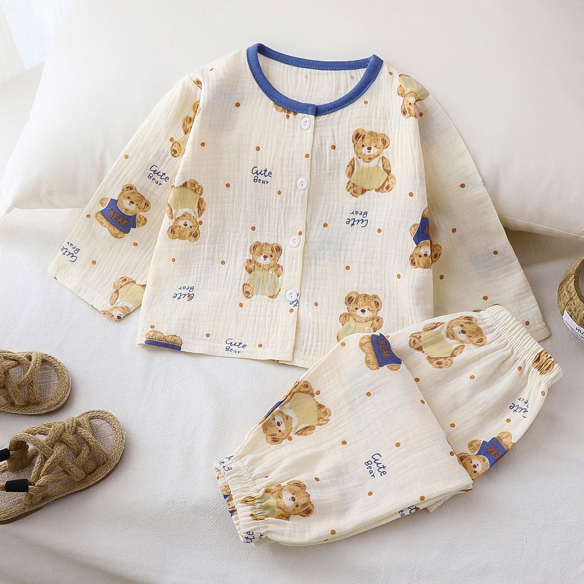 1set Children's Pajama Set, New Style for Summer! Class A Cotton Yarn, Pure Cotton for Boys and Long-Sleeved Homewear for Girls, Children's Clothing.