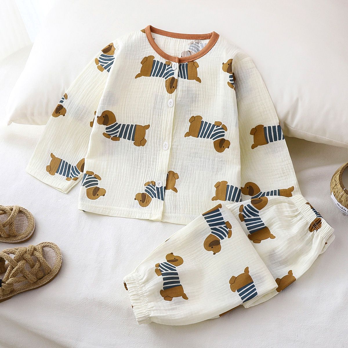 1set Children's Pajama Set, New Style for Summer! Class A Cotton Yarn, Pure Cotton for Boys and Long-Sleeved Homewear for Girls, Children's Clothing.