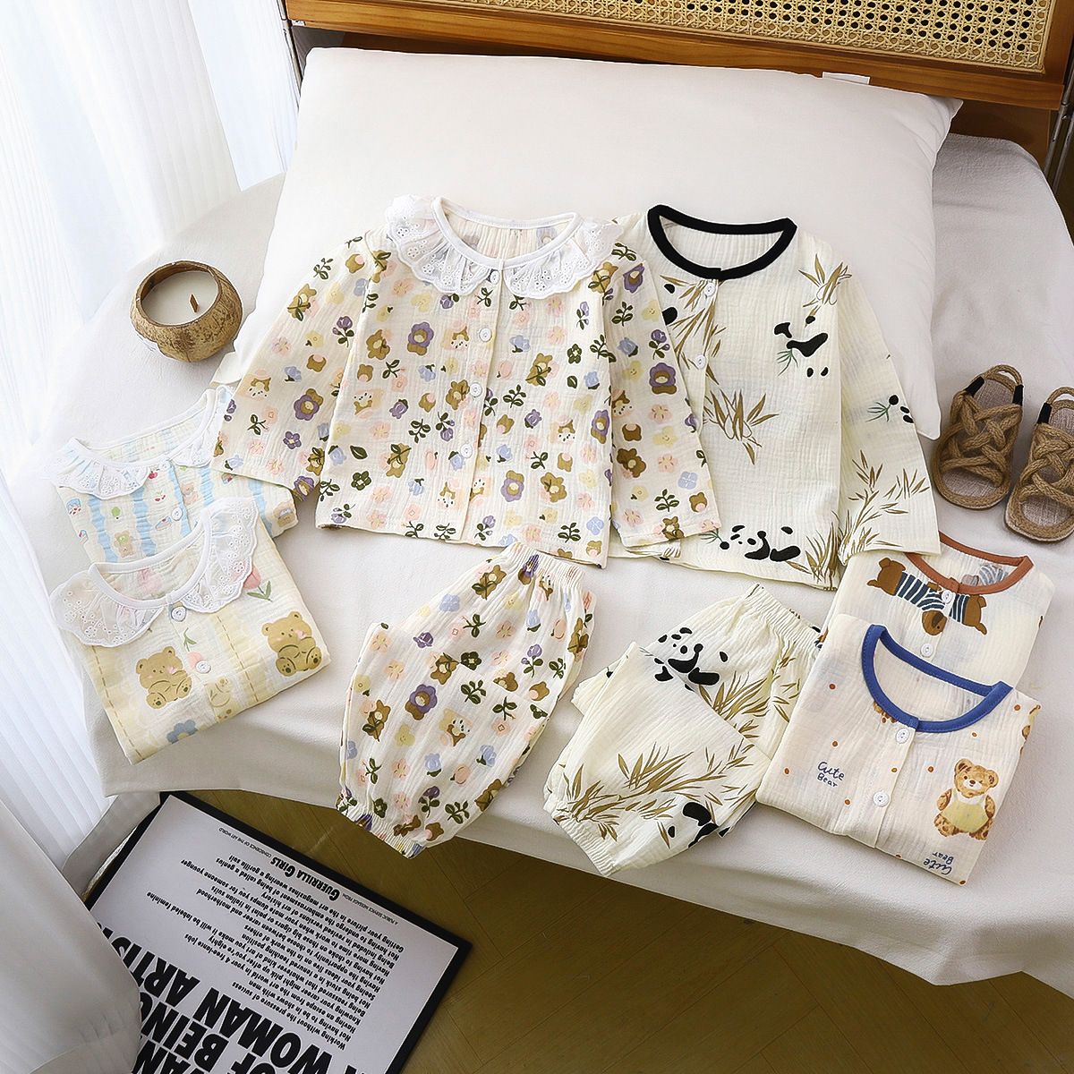 1set Children's Pajama Set, New Style for Summer! Class A Cotton Yarn, Pure Cotton for Boys and Long-Sleeved Homewear for Girls, Children's Clothing.