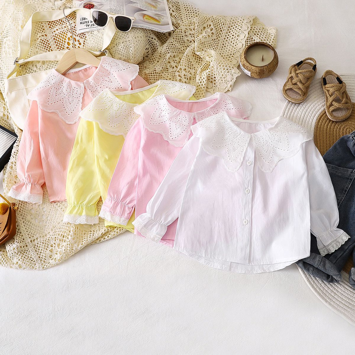 1pcs Girls' New Spring Shirts, Korean Version, Toddler Baby's Lace-Collar Blouses, Pure Cotton Kids' Tops, Children's Clothing.