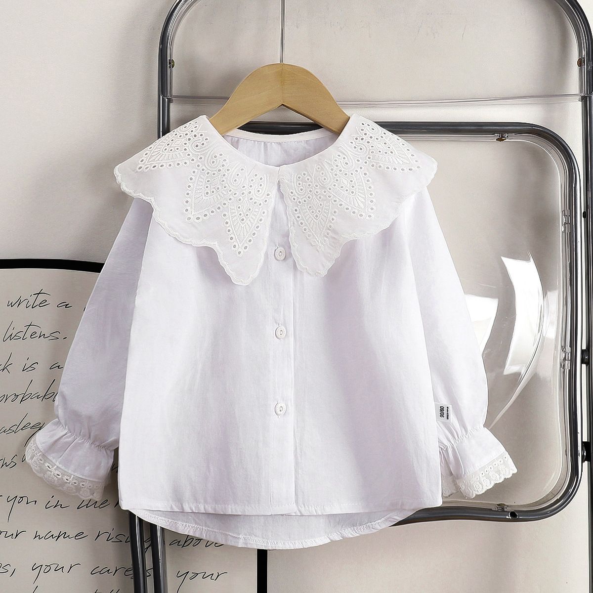 1pcs Girls' New Spring Shirts, Korean Version, Toddler Baby's Lace-Collar Blouses, Pure Cotton Kids' Tops, Children's Clothing.