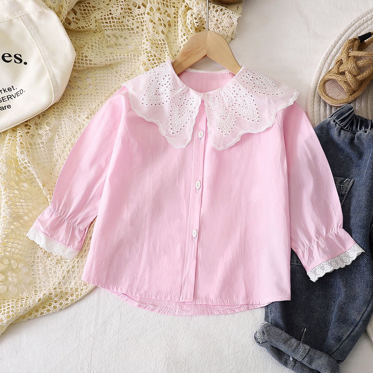 1pcs Girls' New Spring Shirts, Korean Version, Toddler Baby's Lace-Collar Blouses, Pure Cotton Kids' Tops, Children's Clothing.