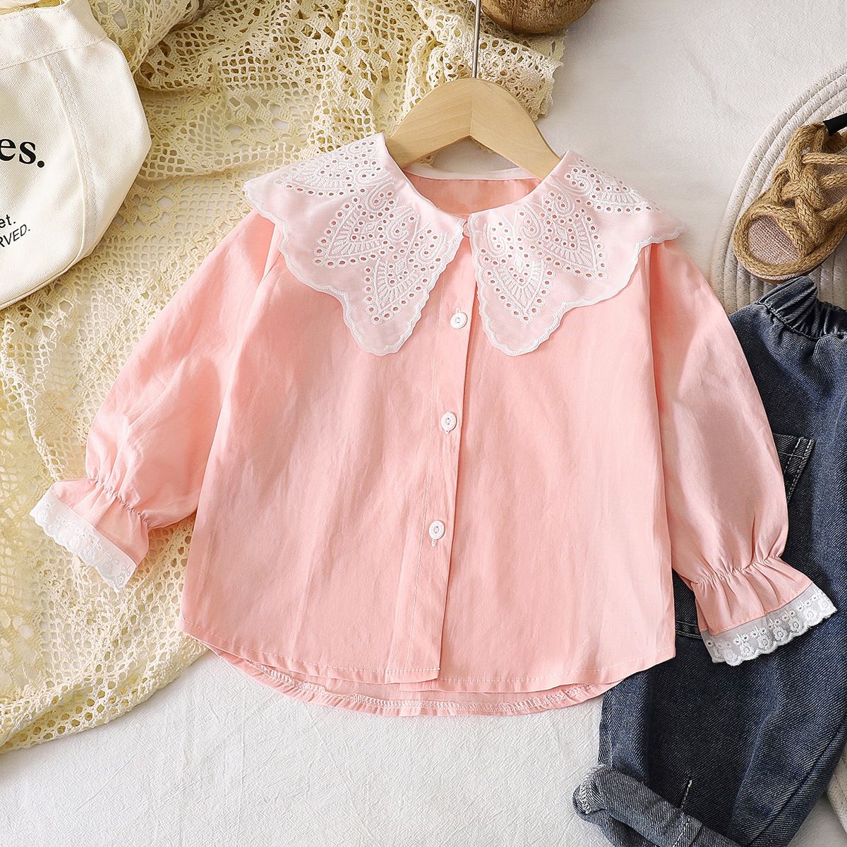 1pcs Girls' New Spring Shirts, Korean Version, Toddler Baby's Lace-Collar Blouses, Pure Cotton Kids' Tops, Children's Clothing.