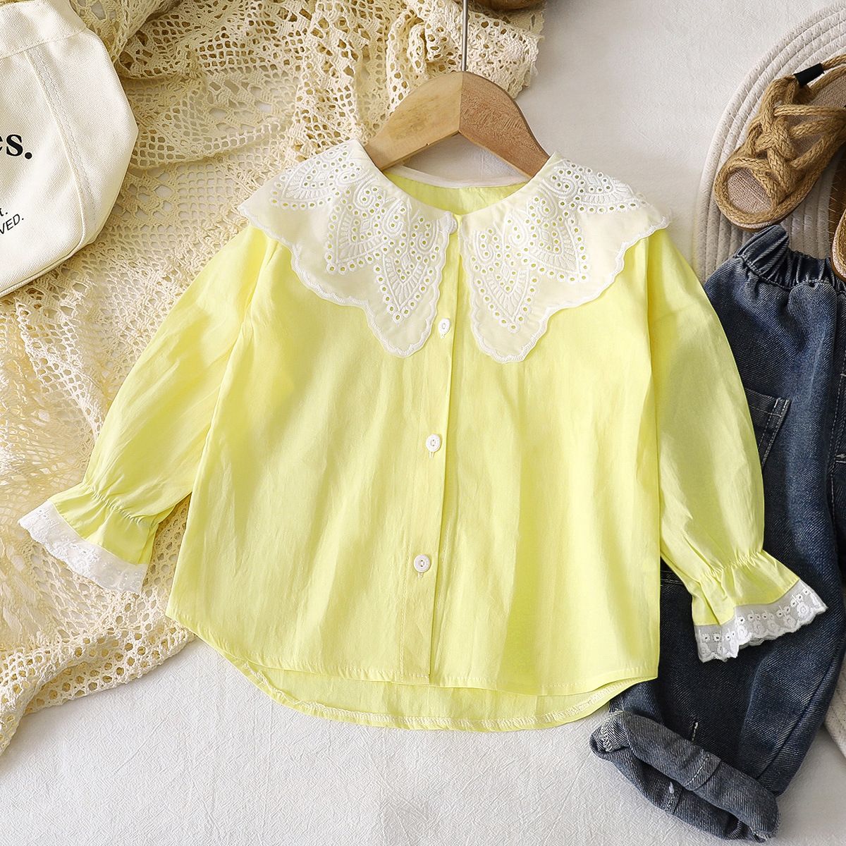 1pcs Girls' New Spring Shirts, Korean Version, Toddler Baby's Lace-Collar Blouses, Pure Cotton Kids' Tops, Children's Clothing.