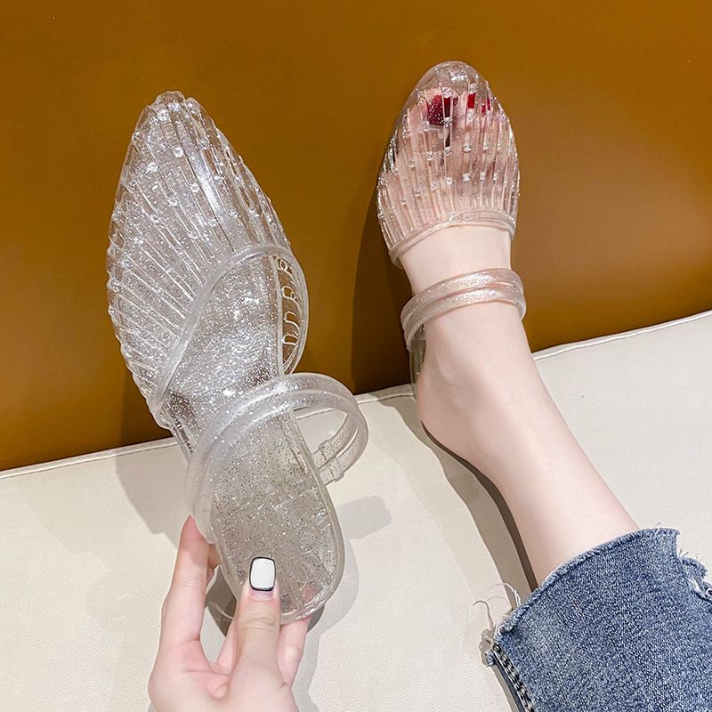 Women's New Summer Princess Crystal Slippers, Anti-slip, Deodorant, Jelly Wedge Heel, Closed-toe Outdoor Flip Flops, Plastic Shoes for Bathing