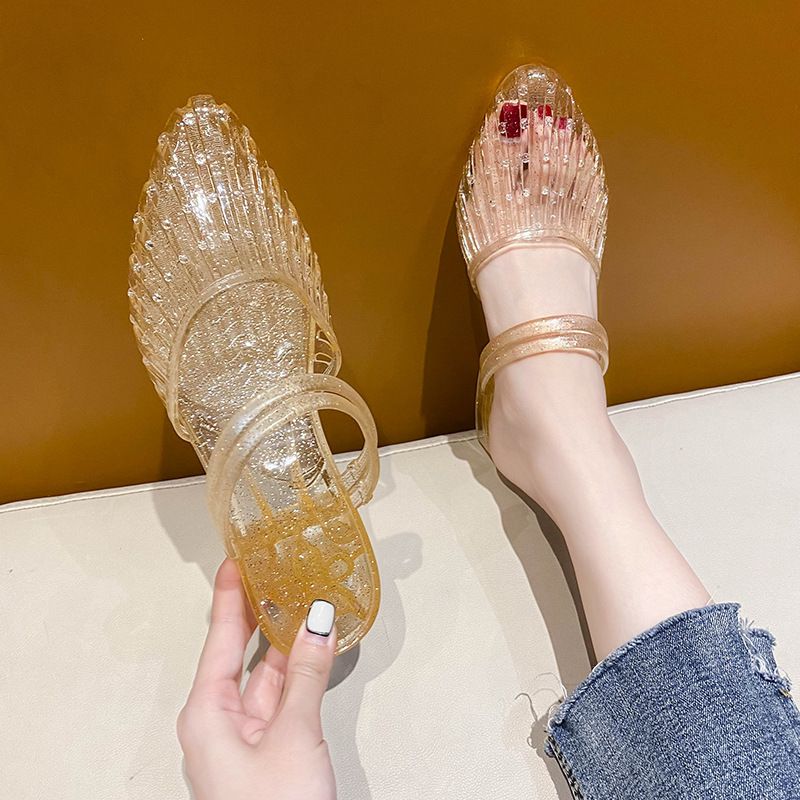 Women's New Summer Princess Crystal Slippers, Anti-slip, Deodorant, Jelly Wedge Heel, Closed-toe Outdoor Flip Flops, Plastic Shoes for Bathing