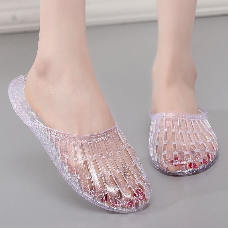 Women's Crystal Flip Flops, Versatile Hollow Out Sandals, Plastic Closed-toe, Anti-slip Bathroom Slippers for Bathing