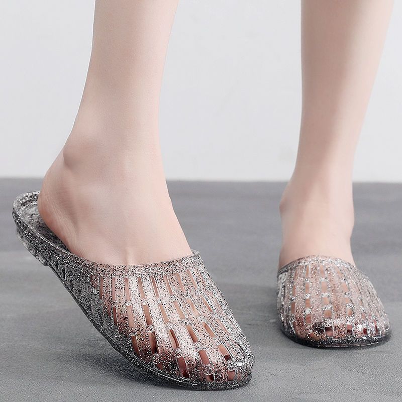 Women's Crystal Flip Flops, Versatile Hollow Out Sandals, Plastic Closed-toe, Anti-slip Bathroom Slippers for Bathing