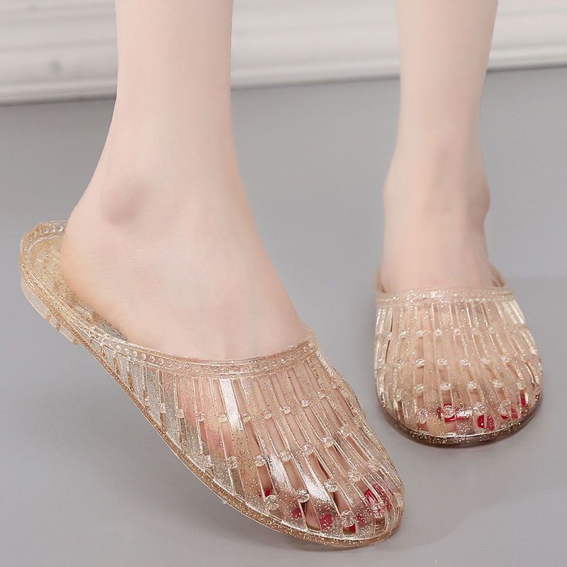Women's Crystal Flip Flops, Versatile Hollow Out Sandals, Plastic Closed-toe, Anti-slip Bathroom Slippers for Bathing