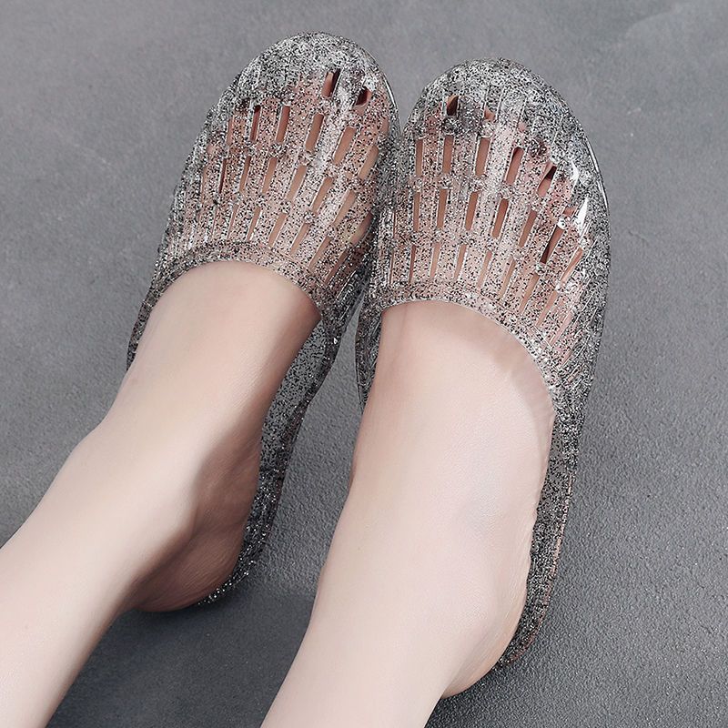Women's Crystal Flip Flops, Versatile Hollow Out Sandals, Plastic Closed-toe, Anti-slip Bathroom Slippers for Bathing