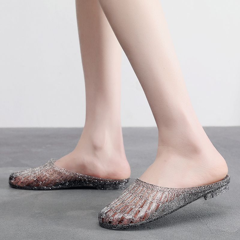 Women's Crystal Flip Flops, Versatile Hollow Out Sandals, Plastic Closed-toe, Anti-slip Bathroom Slippers for Bathing