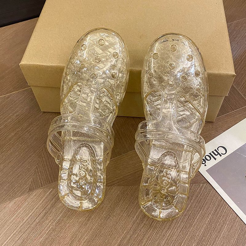 Women's Princess Transparent Slippers, New Summer Outdoor Style, Hollow Out Flat Heel, Closed-toe Flip Flops for Bathing, Plastic Shoes