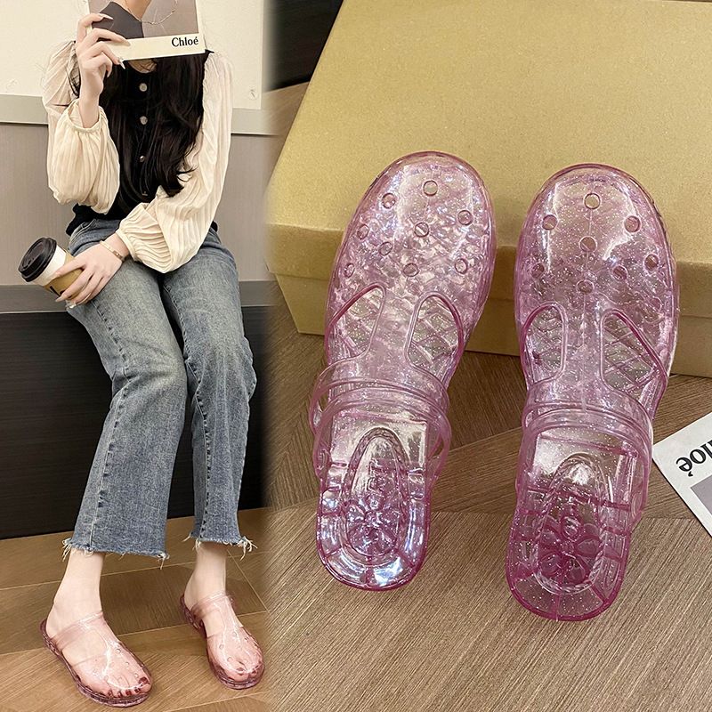 Women's Princess Transparent Slippers, New Summer Outdoor Style, Hollow Out Flat Heel, Closed-toe Flip Flops for Bathing, Plastic Shoes