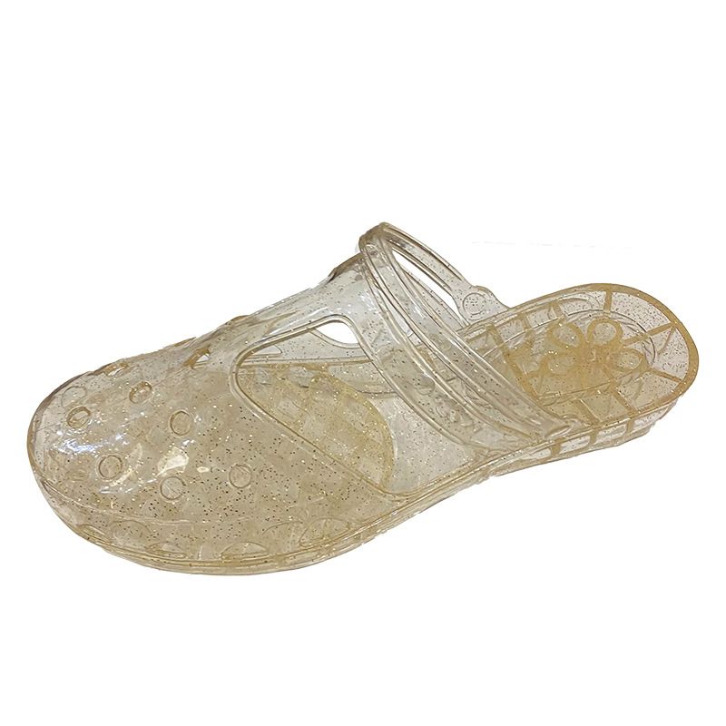 Women's Princess Transparent Slippers, New Summer Outdoor Style, Hollow Out Flat Heel, Closed-toe Flip Flops for Bathing, Plastic Shoes
