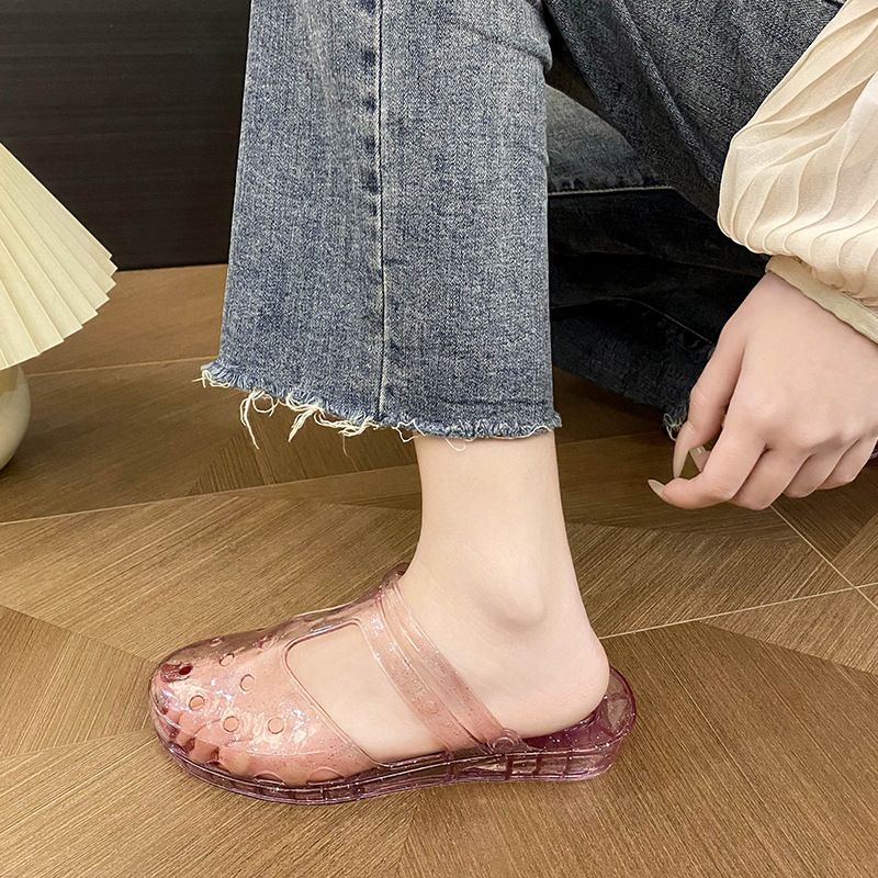 Women's Princess Transparent Slippers, New Summer Outdoor Style, Hollow Out Flat Heel, Closed-toe Flip Flops for Bathing, Plastic Shoes