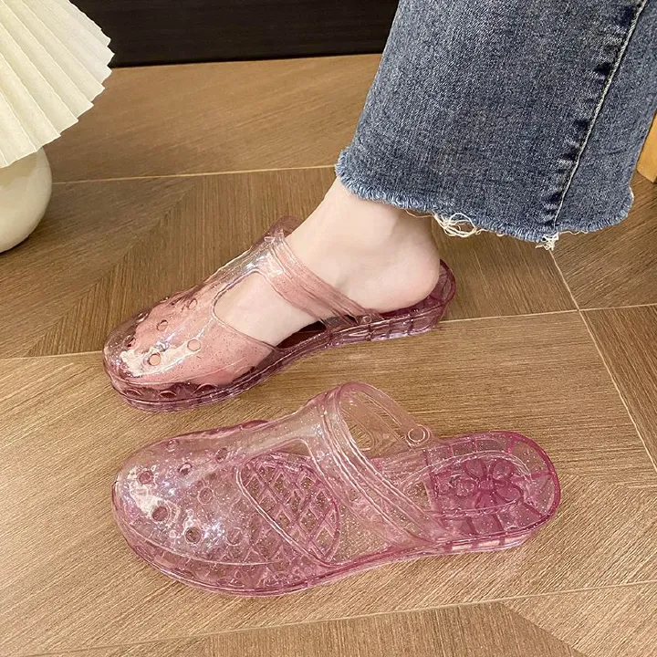 Women's Princess Transparent Slippers, New Summer Outdoor Style, Hollow Out Flat Heel, Closed-toe Flip Flops for Bathing, Plastic Shoes