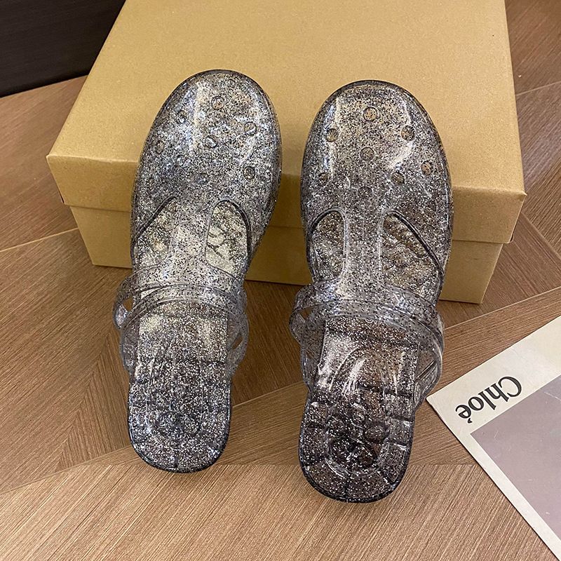 Women's Princess Transparent Slippers, New Summer Outdoor Style, Hollow Out Flat Heel, Closed-toe Flip Flops for Bathing, Plastic Shoes