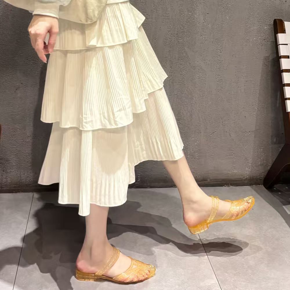Women's Fashion Crystal Sandals, New Summer Style, Versatile, Anti-slip, Thick-soled Wedge Heel, Outdoor Hollow Out Breathable Closed-toe Flip Flops.