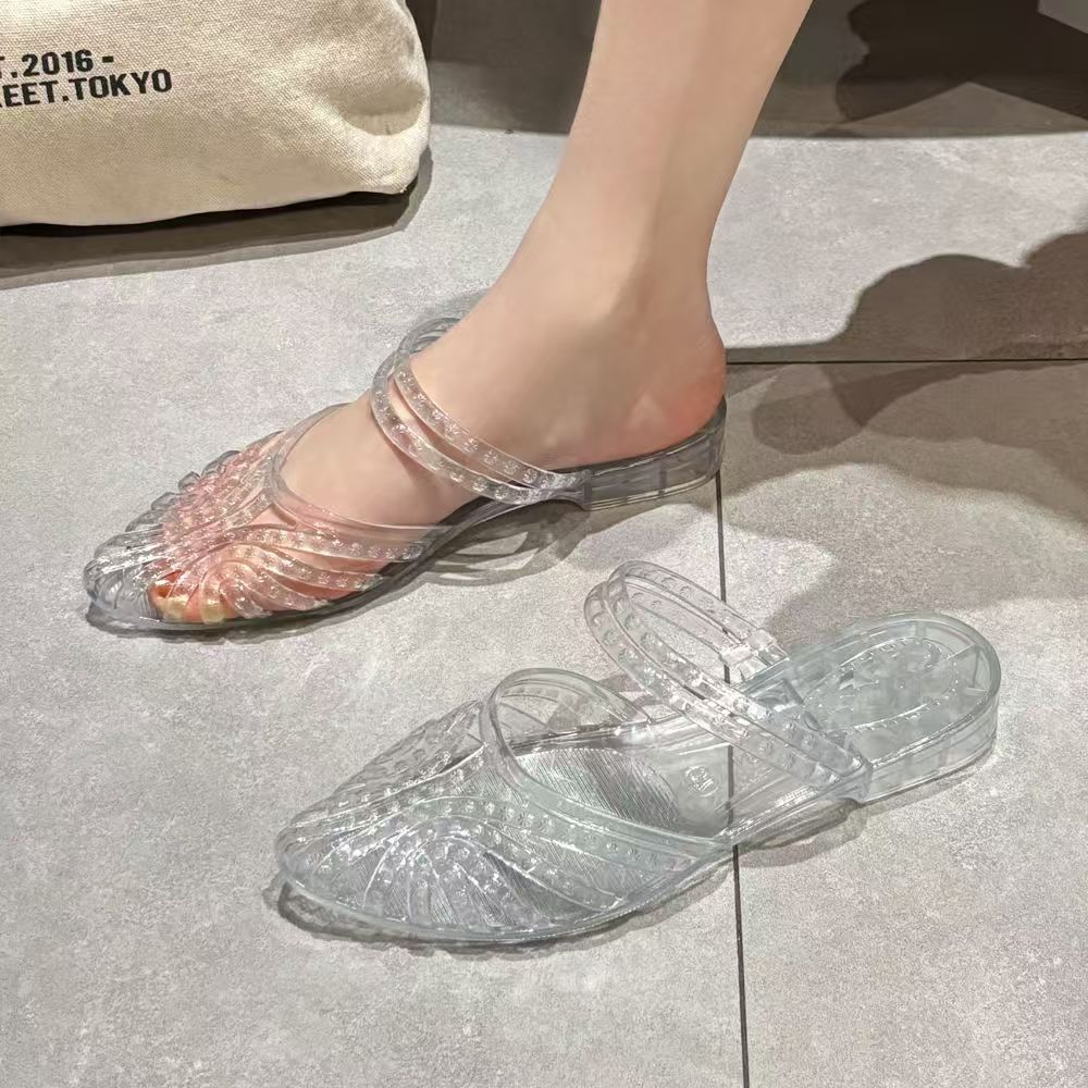 Women's Fashion Crystal Sandals, New Summer Style, Versatile, Anti-slip, Thick-soled Wedge Heel, Outdoor Hollow Out Breathable Closed-toe Flip Flops.