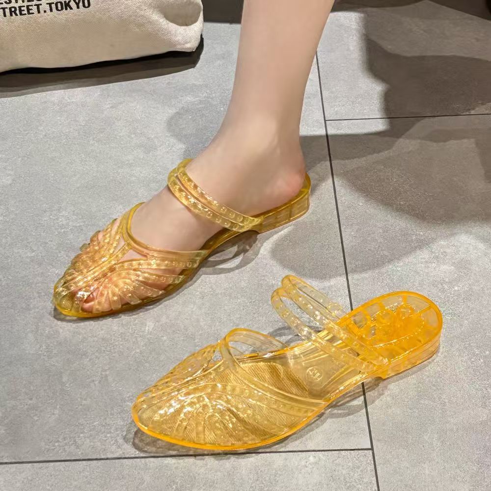 Women's Fashion Crystal Sandals, New Summer Style, Versatile, Anti-slip, Thick-soled Wedge Heel, Outdoor Hollow Out Breathable Closed-toe Flip Flops.
