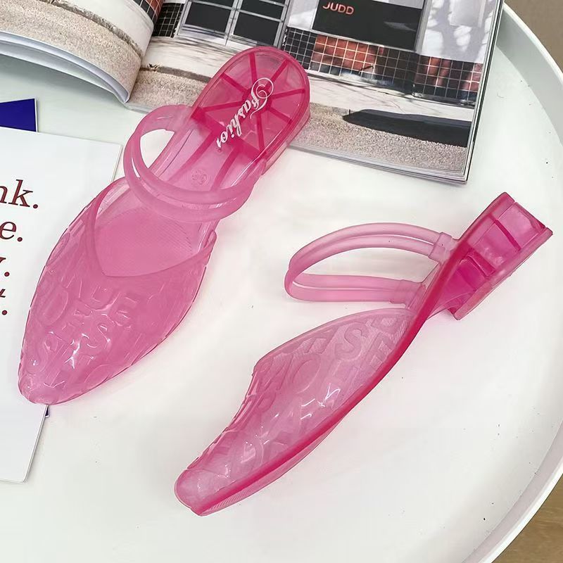 Women's Summer Outdoor Crystal Sandals, Comfortable, Anti-slip Single Shoes, Internet-famous, Closed-toe, Transparent Chunky Heel, Fashionable Korean Style, Versatile for Height Increasing.