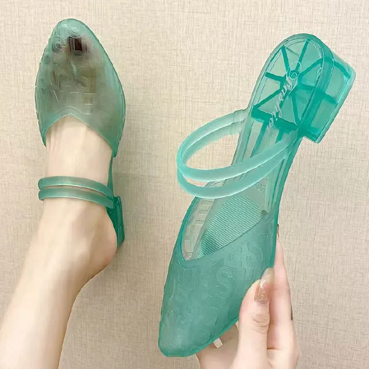 Women's Summer Outdoor Crystal Sandals, Comfortable, Anti-slip Single Shoes, Internet-famous, Closed-toe, Transparent Chunky Heel, Fashionable Korean Style, Versatile for Height Increasing.